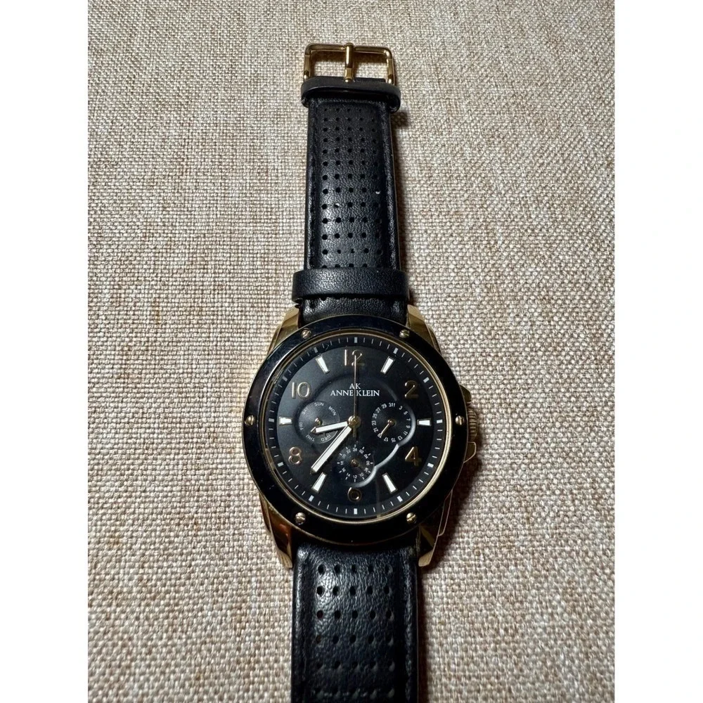 Anne Klein Watch Womens‎ 10/9656 Black Gold Multi-function Leather Strap